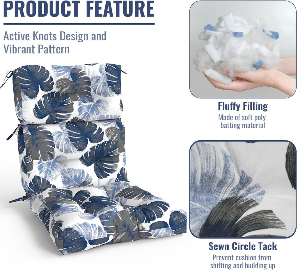 Outdoor High Back Patio Chair Cushions, Tufted Rocking Chair Cushions, Adirondack Cushions for Garden Porch Home Office Chair Use, 44' x 22' x 4', 2 Pack, Monstera Blue