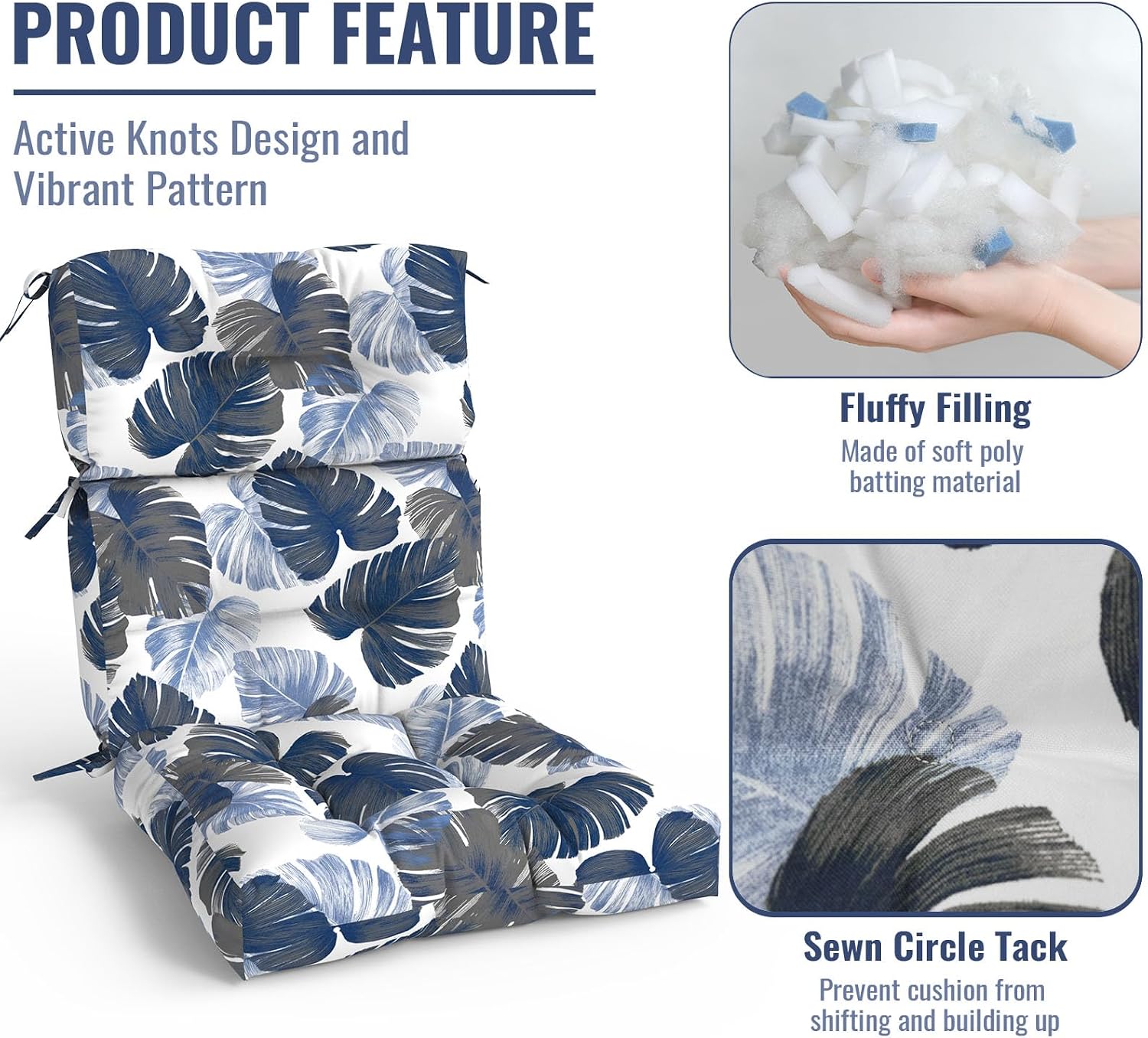 Outdoor High Back Patio Chair Cushions, Tufted Rocking Chair Cushions, Adirondack Cushions for Garden Porch Home Office Chair Use, 44' x 22' x 4', 2 Pack, Monstera Blue