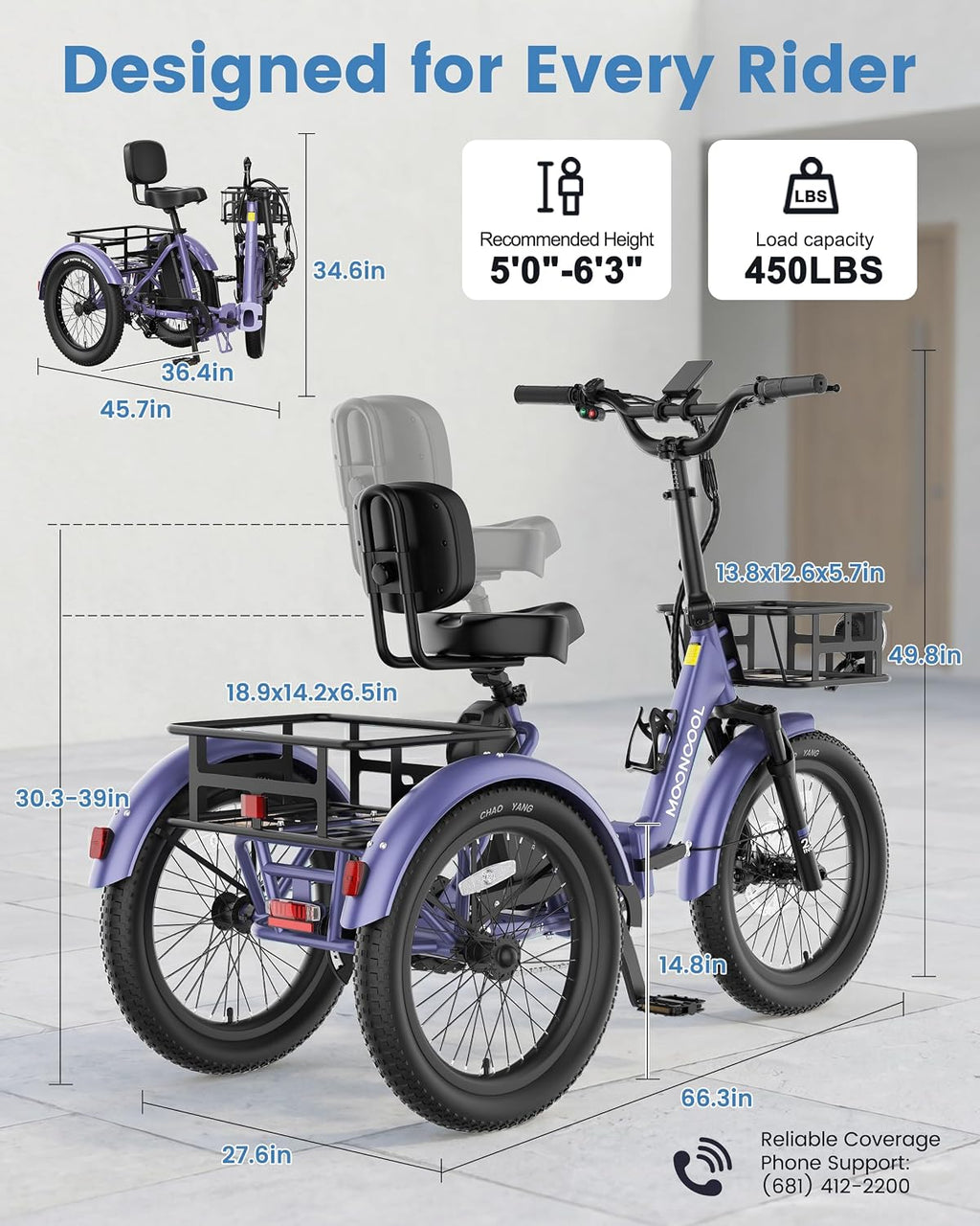 MOONCOOL Electric Trike for Adults, 500W/750W 48V Electric Tricycle for Adults, 20'x3.0' Fat Tire 3 Wheel Electric Bike, Folding Aluminum Adult Tricycle with Removable Battery