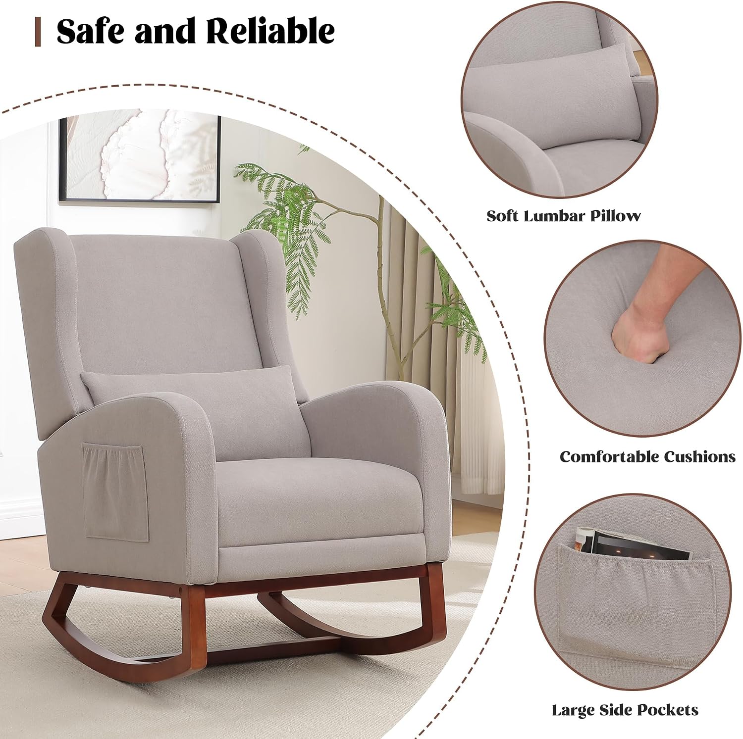 HCHAIRH Rocking Chair Nursery, Nursery Rocking Chairs with Foot Rest, Comfy Glider Rocker Nursing Chair with Back Pillow for Nursing, Living Room, Bedroom, Light Grey