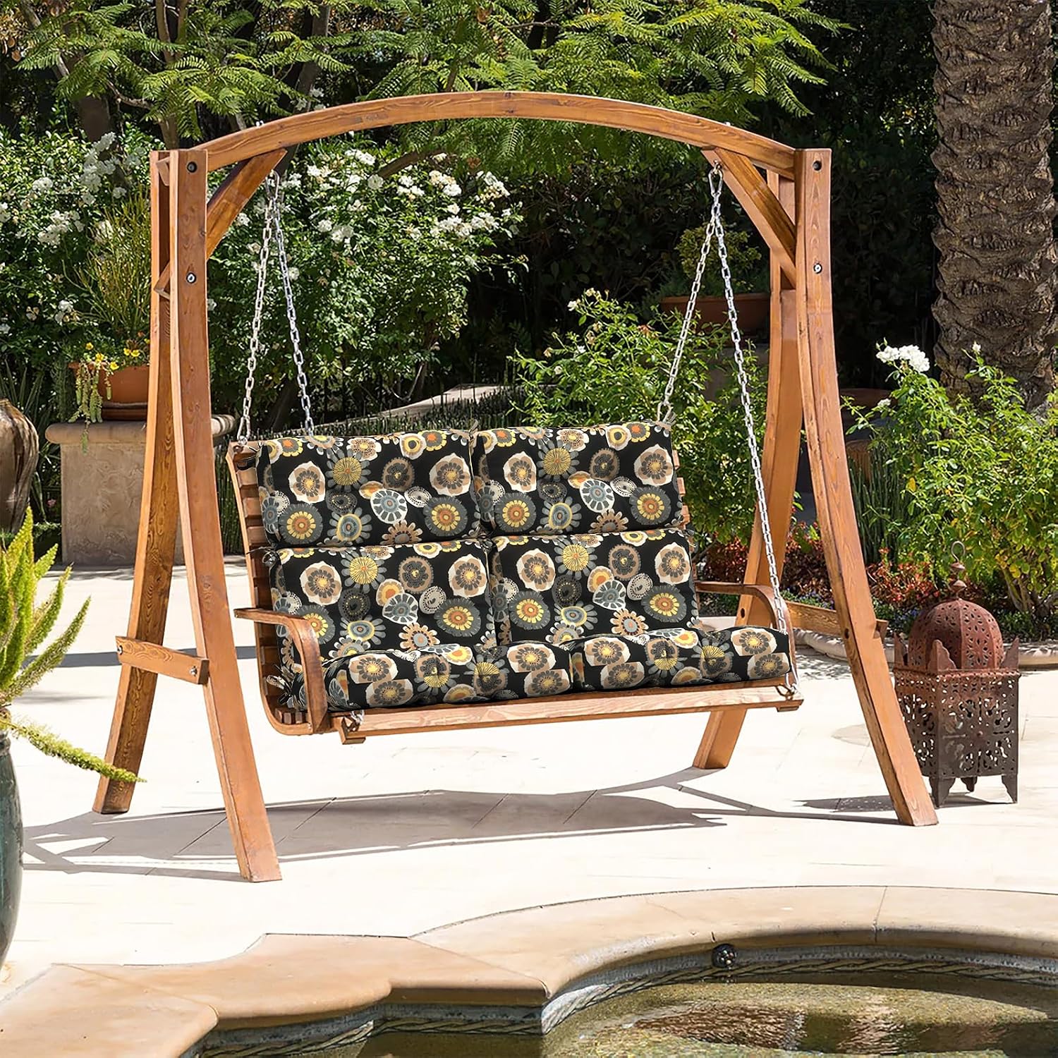 LVTXIII Outdoor Tufted High Back Cushions, 22' W x 20' D Fluffy Seat and Back Chair Cushion with Ties, Patio Replacement Rocking Chair Cushion for Outdoor Furniture Use, 2 Pack, Black Yellow Crosby