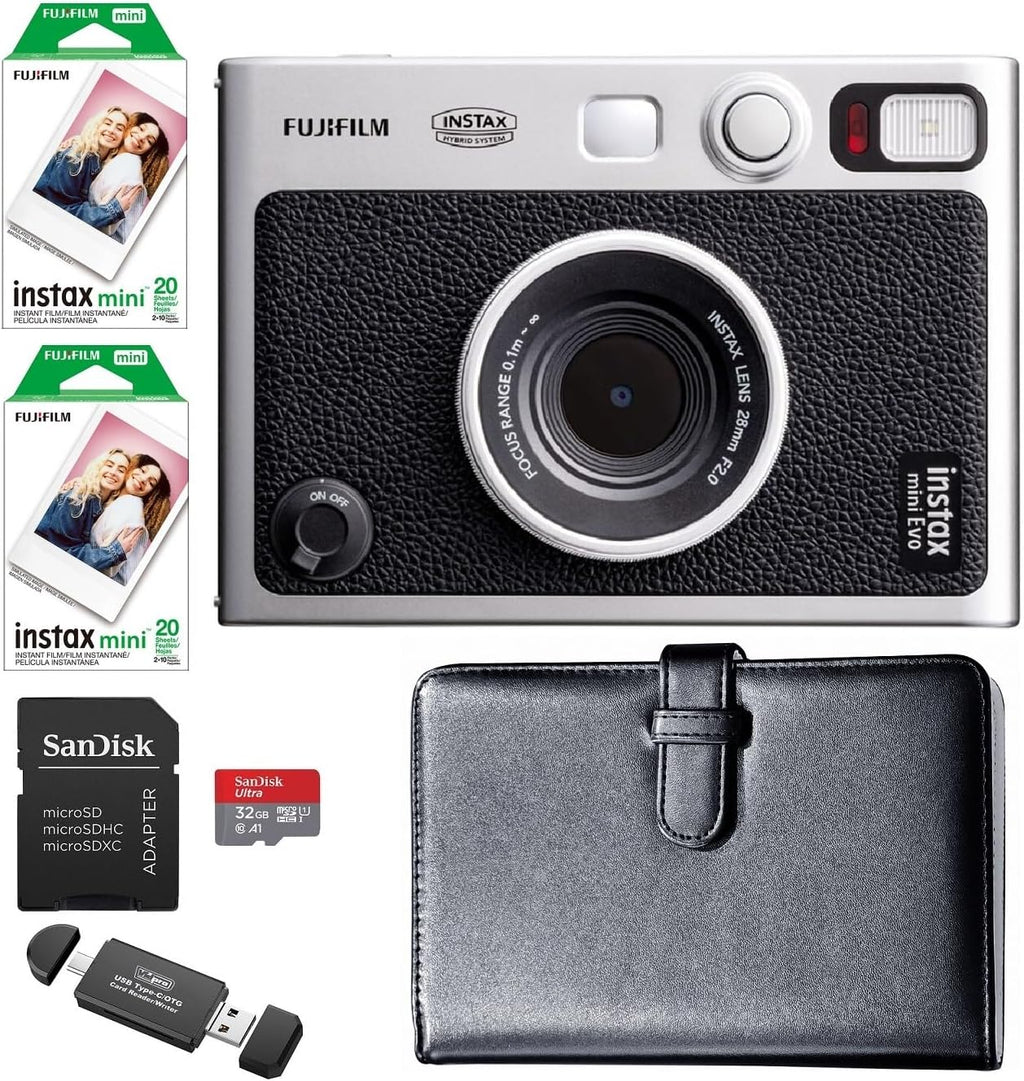 FUJIFILM Instax Mini EVO Hybrid Instant Camera Bundle, Includes: Mini Color Film (40 Exposures), 108 Pocket Mini Instax Photo Album and More (6 Items) (Black)