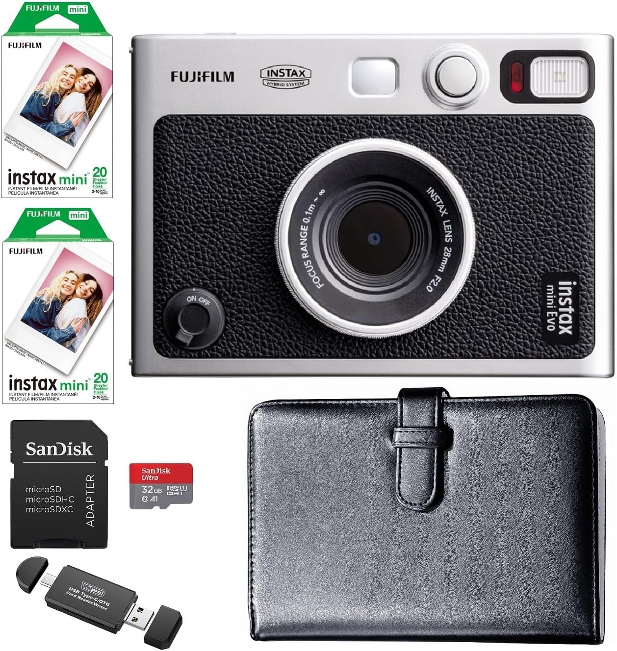 FUJIFILM Instax Mini EVO Hybrid Instant Camera Bundle, Includes: Mini Color Film (40 Exposures), 108 Pocket Mini Instax Photo Album and More (6 Items) (Black)
