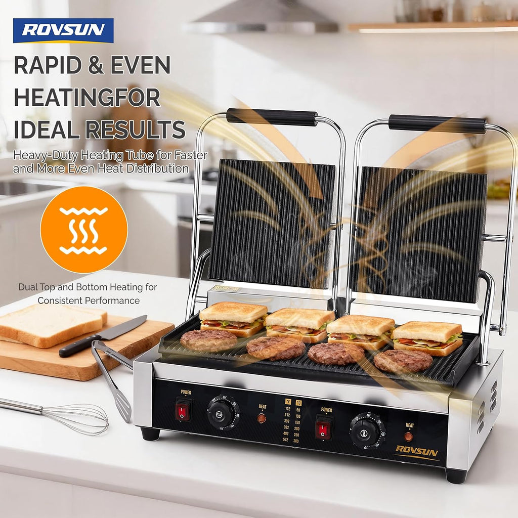 ROVSUN 813 Commercial Panini Press Grill, 3600W Stainless Steel Electric Countertop Sandwich Maker with Adjustable Temp 122°F–572°F, For Steak, Burgers, Home & Restaurant Use, 110V, Silver