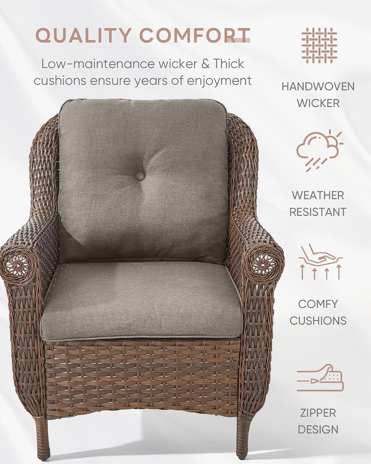 Patio Wicker Chairs Outdoor Furniture Chair - Set of 2 Outside All Weather Lawn Dining Brown Rattan Armchair with High Back&Deep Seating for Deck Porch Balcony Backyard Garden - Grey