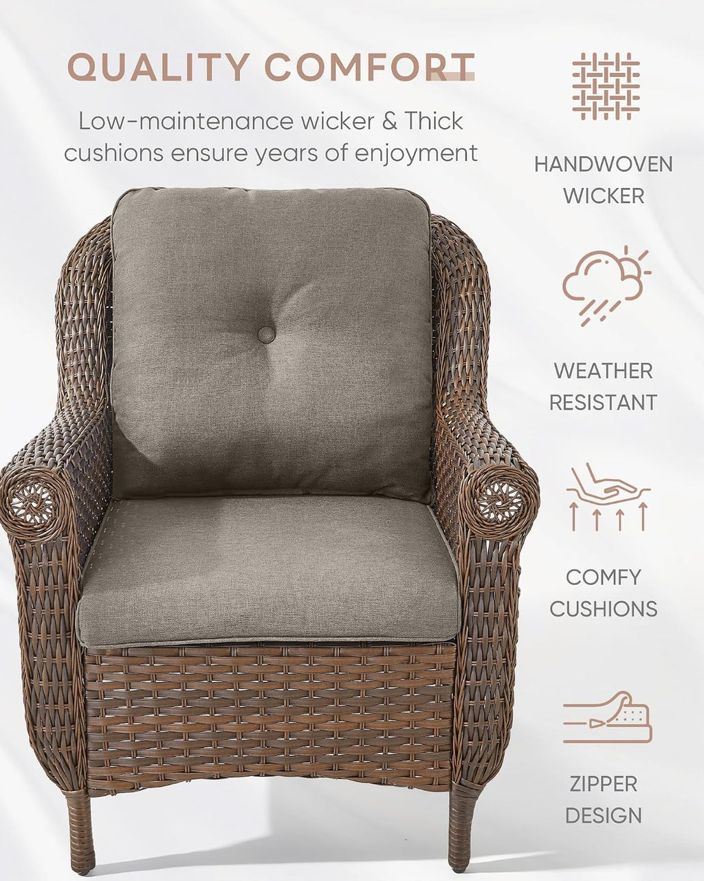 Patio Wicker Chairs Outdoor Furniture Chair - Set of 4 Outside All Weather Lawn Dining Brown Rattan Armchair with High Back&Deep Seating for Deck Porch Balcony Backyard Garden - Grey