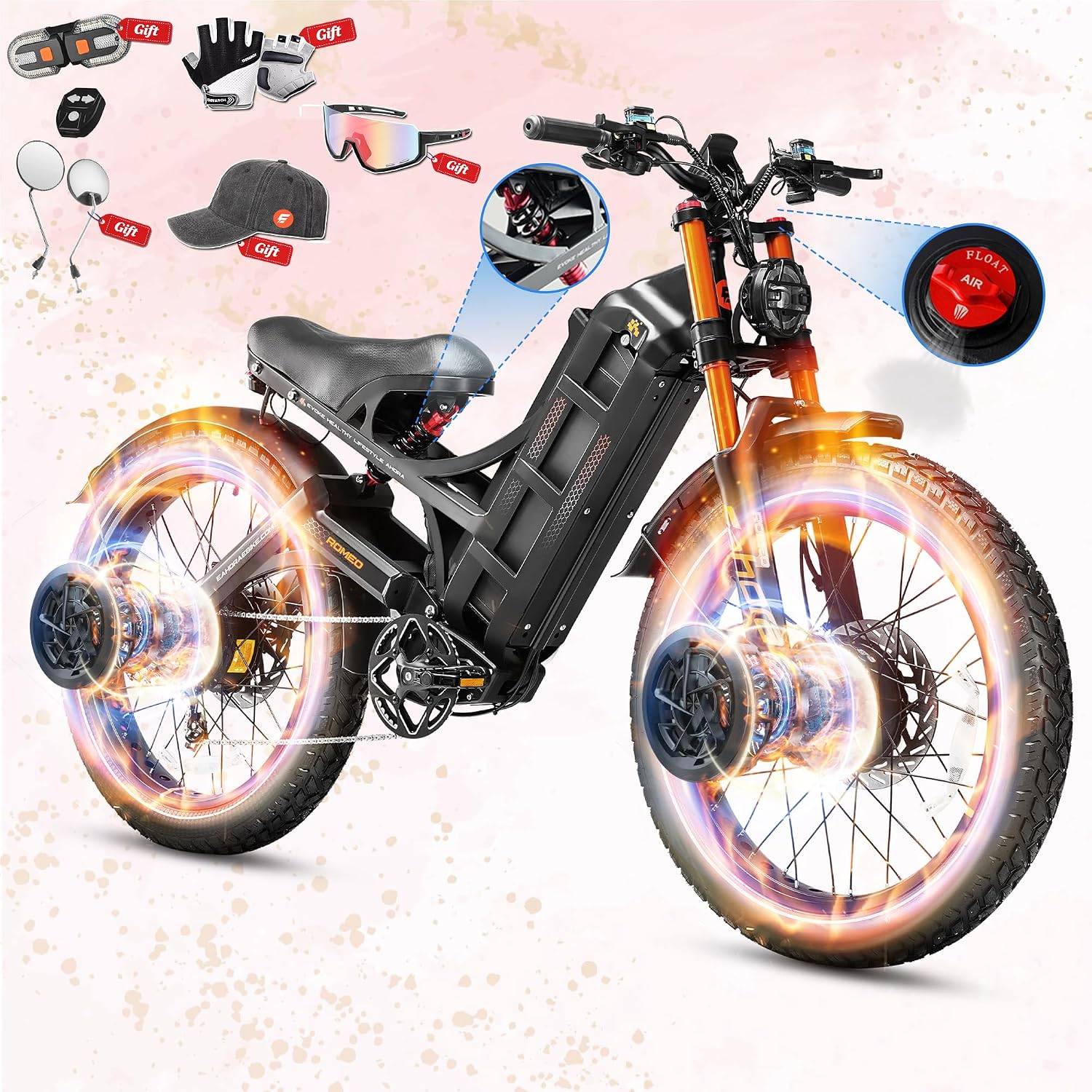 eAhora 2026 Romeo Pro 3/2 50-46Mph Electric Bike for Adults 5600W/4000W/2500W Dual Motor Ebike 60V/80Ah 52V/70Ah Long Range Fat Tire Full Suspension Electric Mountain Bicycle