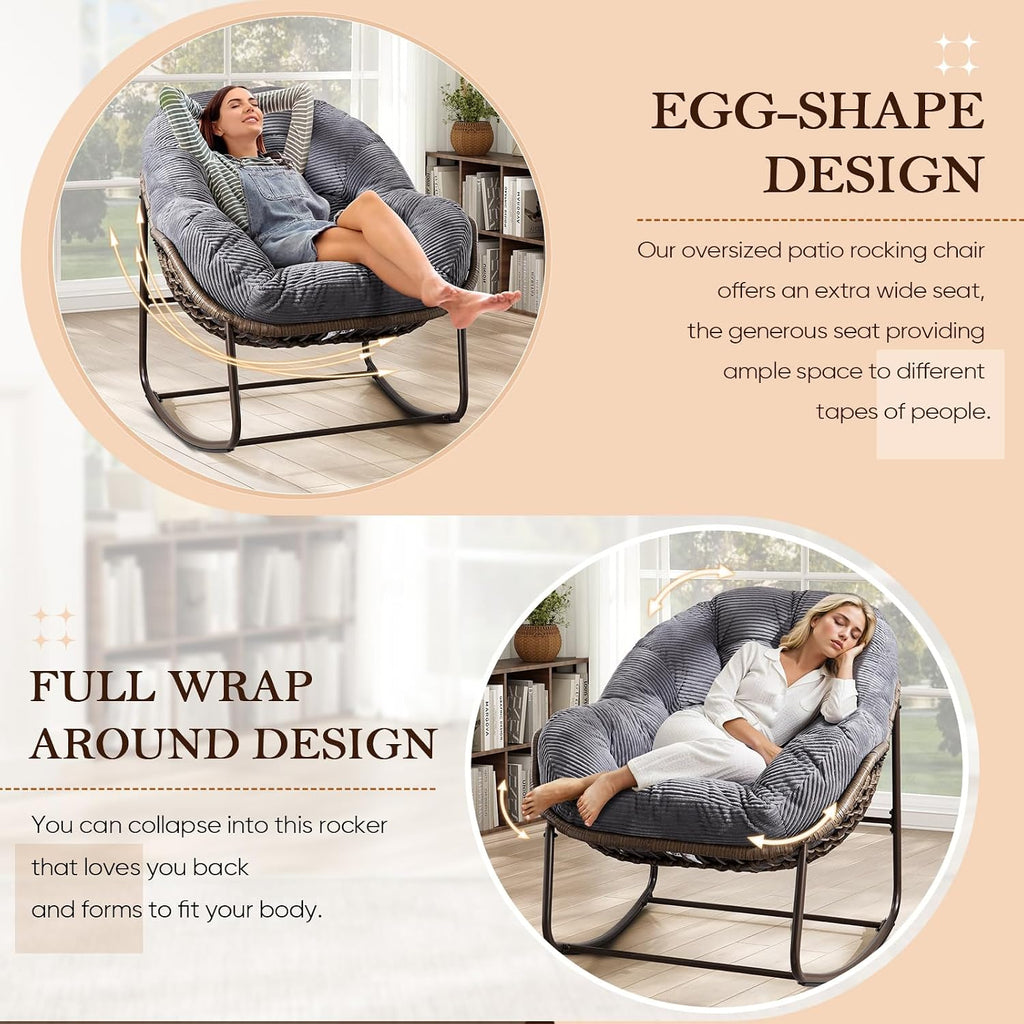 Outdoor Indoor Rocking Chair with Padded Cushion, Oversized Patio Papasan Rocking Egg Chair, All Weather Wicker Egg Rocking Chair, Comfy Large Rattan Rocker Lounge Chair for Front Porch,Garden, Patio