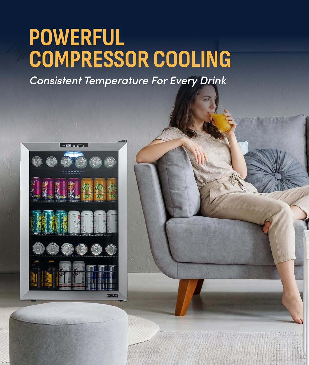 NewAir 160 Can Beverage Refrigerator | Freestanding Small Mini Fridge for Bedroom, Home Bar or Living Room | SplitShelf Storage, Digital Thermostat & LED Light | Stainless Steel