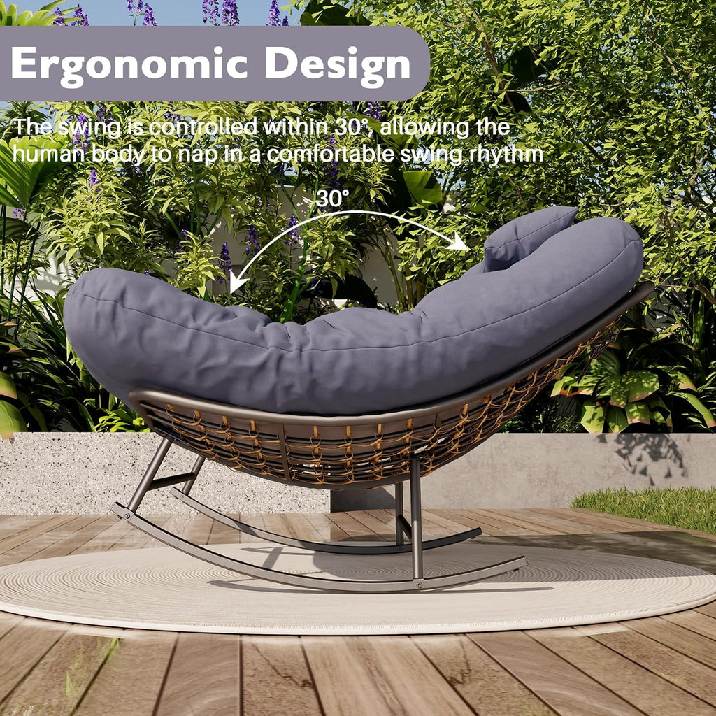 Oversized Outdoor Rocking Papasan Chair,Double Patio Rocking Chair for 2-Person,Loveseat Rocker with Thick Cushion&Rattan Frame,Large Lounge Chair for Outdoor Balcony Garden (Gray)