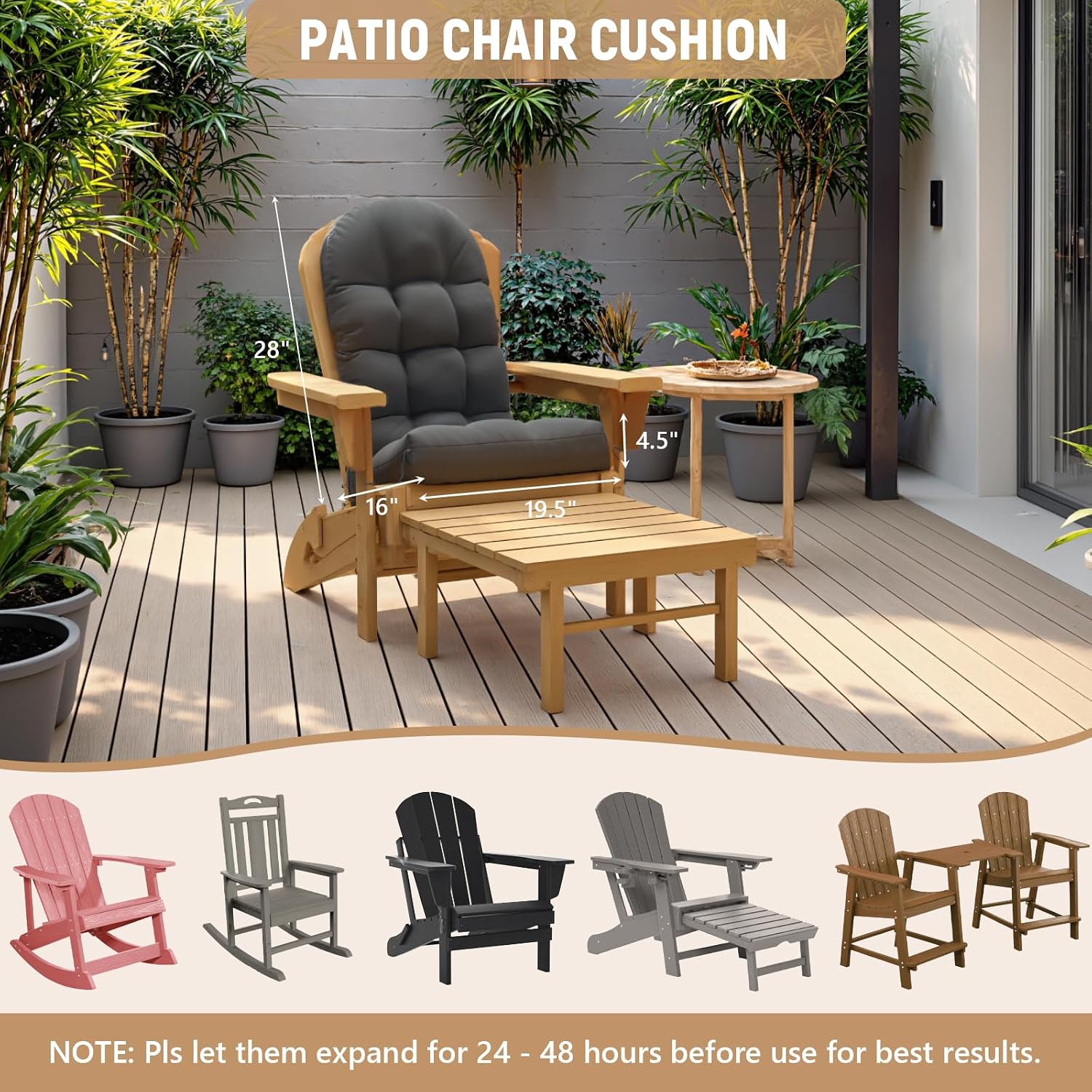 Sannwsg Adirondack Chair Cushion Set of 4, Rocking Chair Cushions, High Back Patio Cushions, Thickened Weather Resistant Patio Cushion with 6 Ties, Non Slip Fade & Waterproof