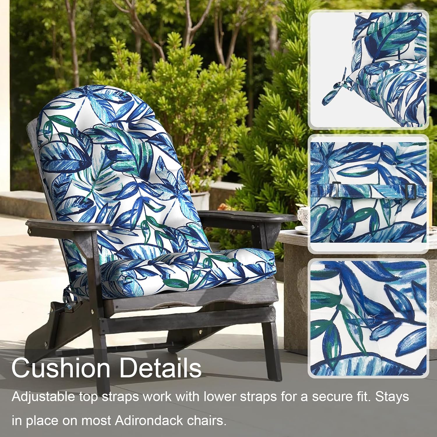 LVTXIII Outdoor Adirondack Chair Cushions, 44x19x4 Inch Non-Slip High Back Rocking Chair Cushion, Tufted Seat Cushion for Patio Furniture, Set of 2, Leaves Ink Blue