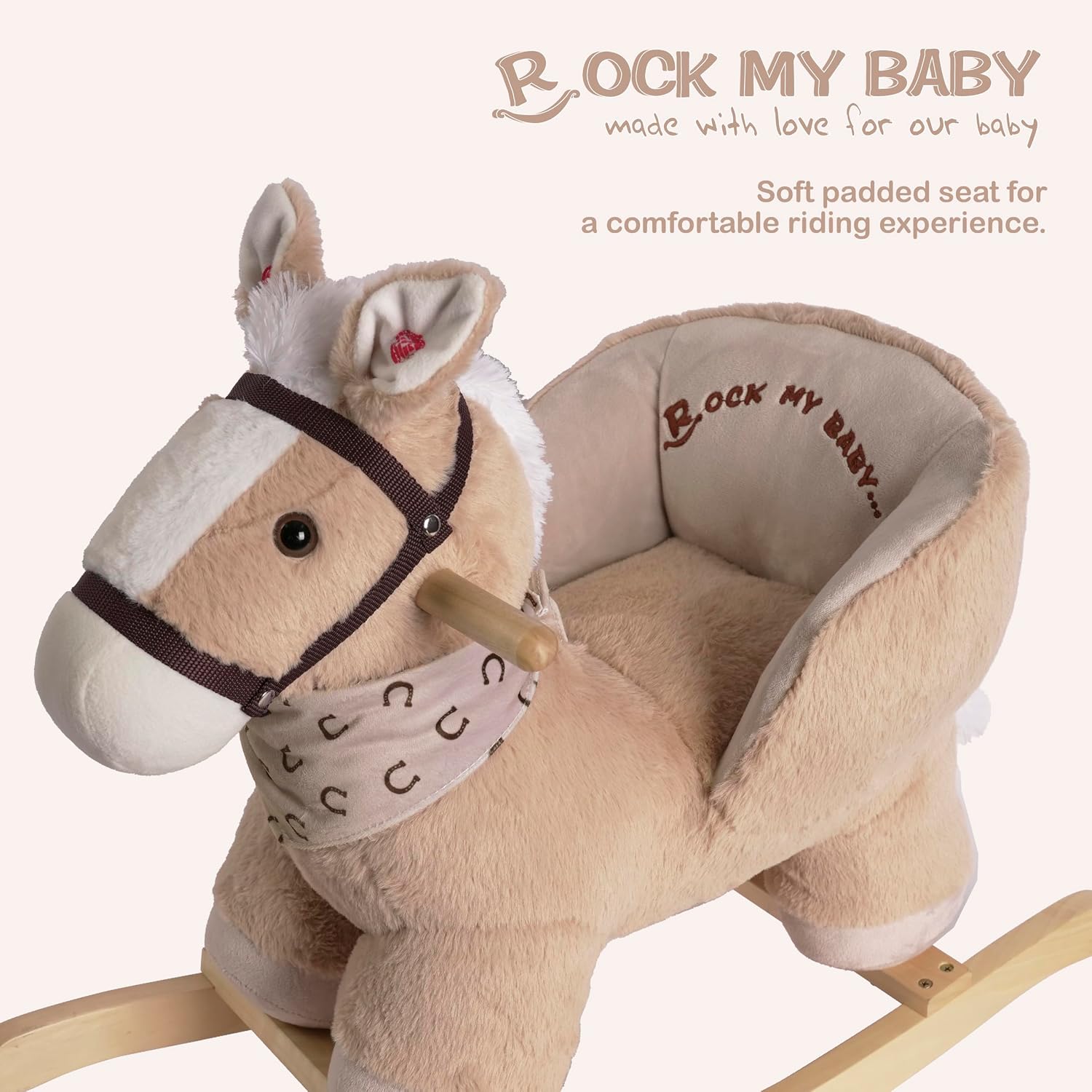 Rock My Baby Rocking Horse, Baby Animal Rocking Horse with Seat, Ride on Horse, Plush Rocking Horse with Realistic Sound, Wooden Rocking Horses Ages 1-3 (Caramel Color Horse), CPC Certified