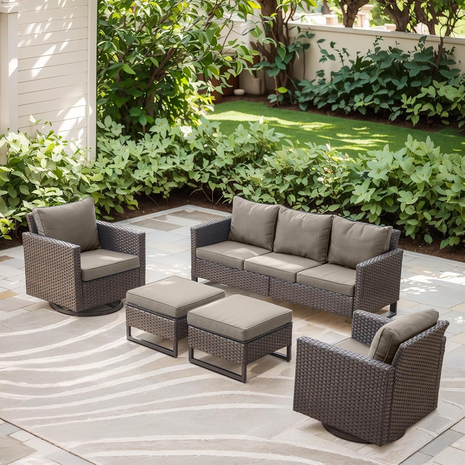 Rilyson Luxury Wicker Outdoor Patio Furniture Set of 5-5 Piece Patio Conversation Set with 2 Swivel Rocker Chairs,2 Rattan Ottoman and 1 Couch for Outside Porch Deck Backyard Garden(Brown/Beige)