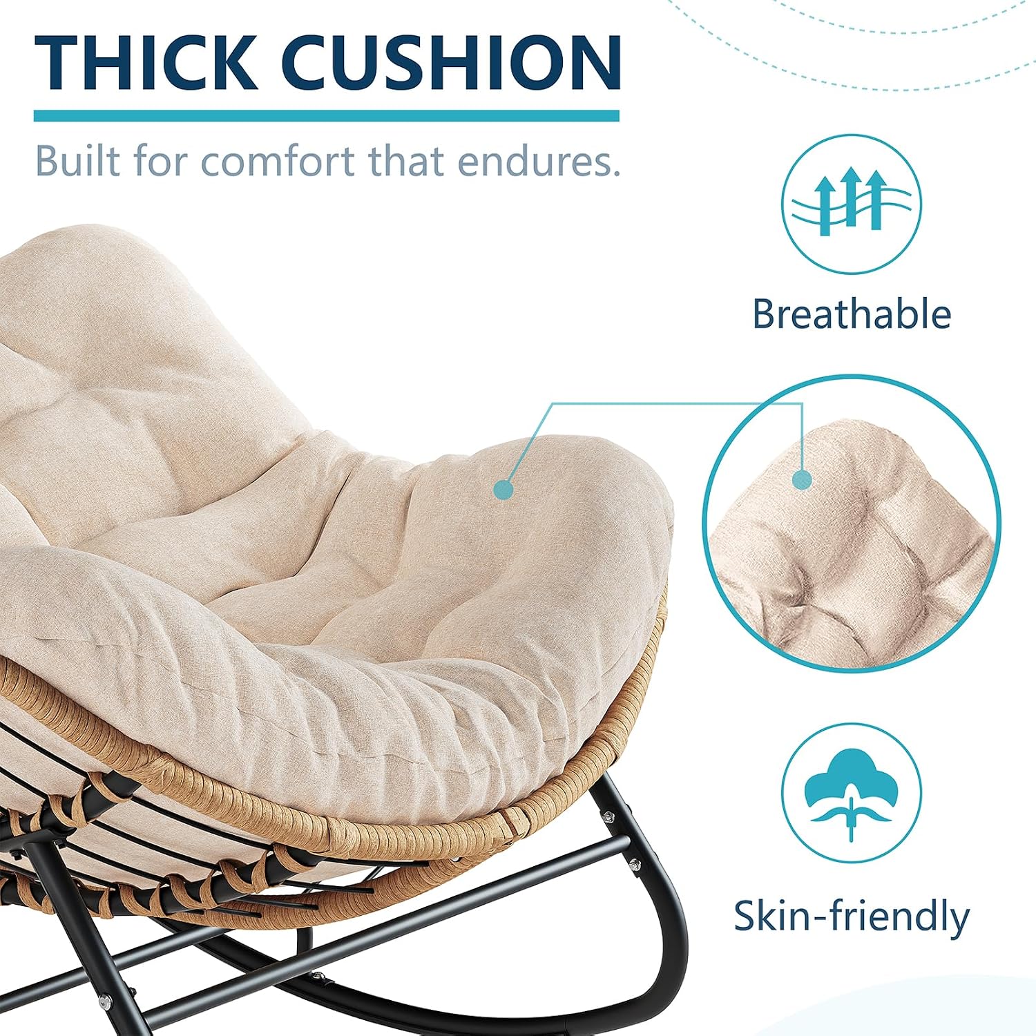 LEYCAY Outdoor Rocking Chair, Oversized Papasan Chair, Indoor Comfy Lounge Rocker with Cushion for Patio, Living Room, Porch, Balcony-Cream