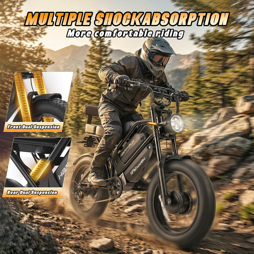 HAPPYRUN G70 Pro Dual Motor Electric Bike for Adults 5000 Peak Motor Removable Dual Battery All-Terrain 20' Fat Tire Ebike 36MPH 85+ Miles 38Ah Battery Hydraulic Disc Brake