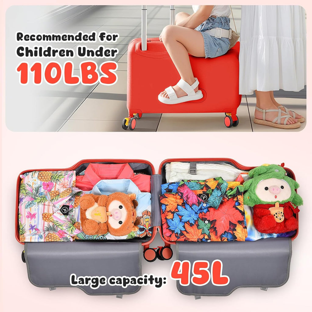 Kids Ride On Suitcase | 20 Inch Kid Carry-On Luggage with Seat, Folding Handlebar & Adjustable Belt | Fun Rideable Travel Case for Boys & Girls, Ideal for Airplane Travel