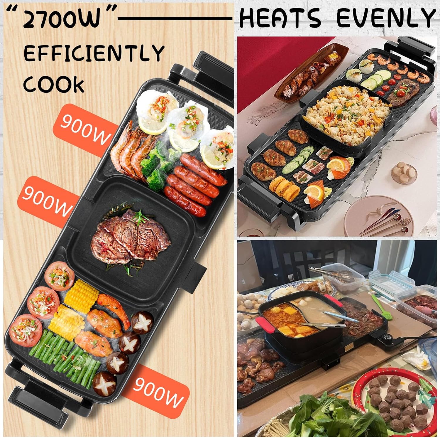 Household Electric Hot Pot with Grill, Detachable Soup Pot and BBQ Pan, Independent Power Supply, Non-stick Pot, Easy to Clean, For 5-10 People to Enjoy, 2700 W