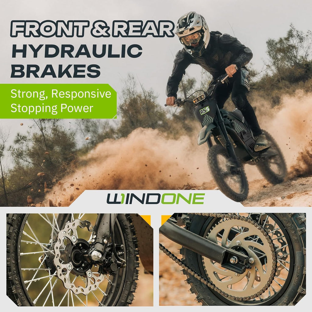 Windone RS5 Electric Dirt Bike for Teens & Adults (13+), Up to 37 MPH, 45 Miles Range, 2200W Peak Motor, 14'/12' Off-Road Tires, Hydraulic Suspension, 3-Speed Modes Electric Motorcycle