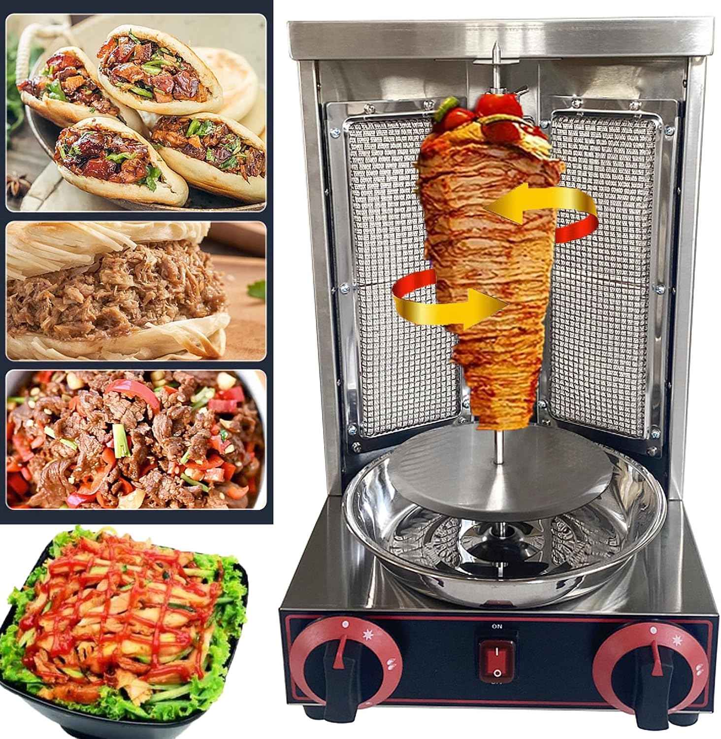 Gas Grill Machine Vertical Kebab Gyro Griller Stainless Steel Grill Rotating Oven with 2pcs Burners Temperature Controllable 110V Meat Roasting Machine for Commercial and Home Use