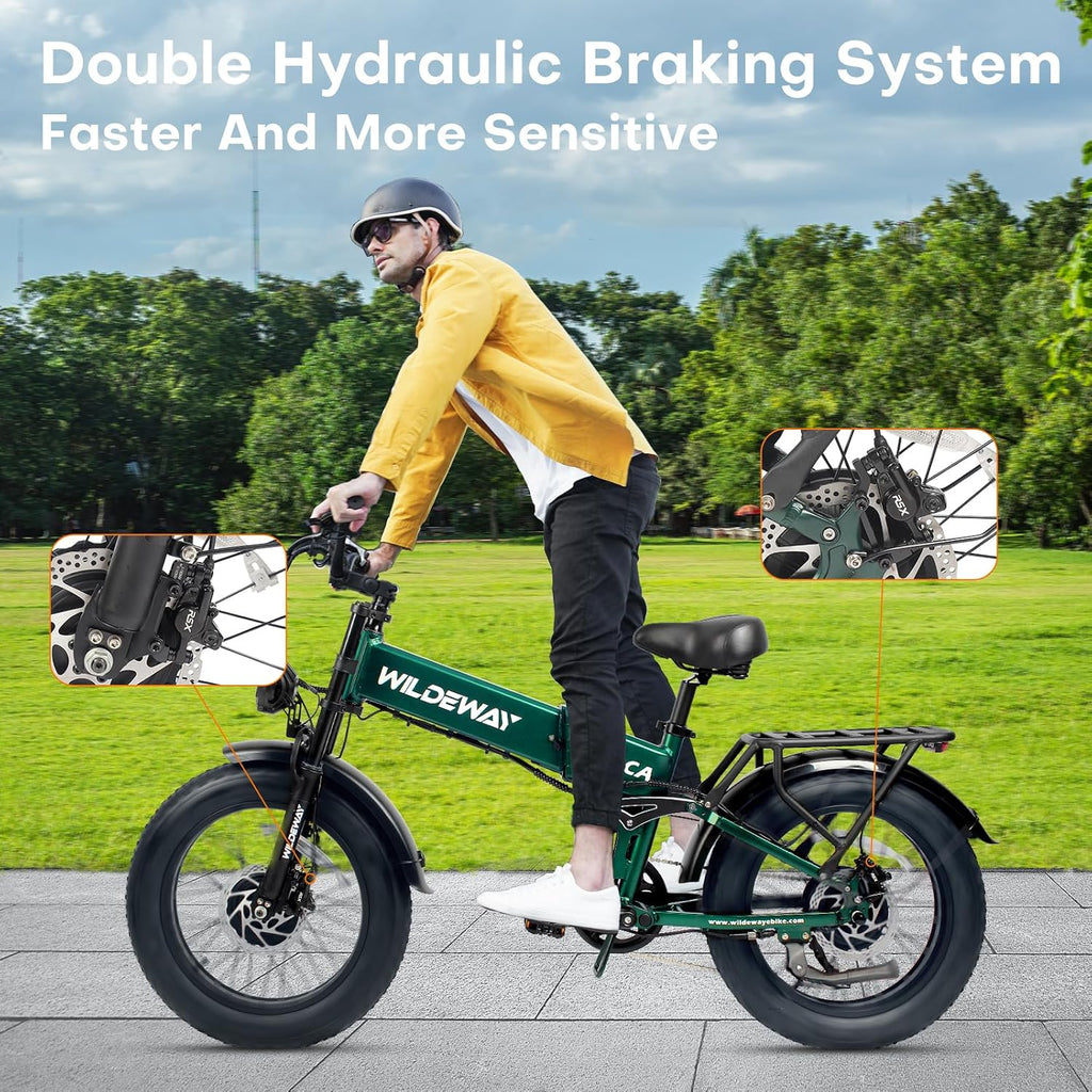 Wildeway Dual Motor 20' Fat Tire Electric Bike 2300W 20Ah Removable Battery 28 MPH Folding Ebike Off Road Mountain Full Suspension Long Range Foldable Electric Bicycle for Adults Men 2 Seat