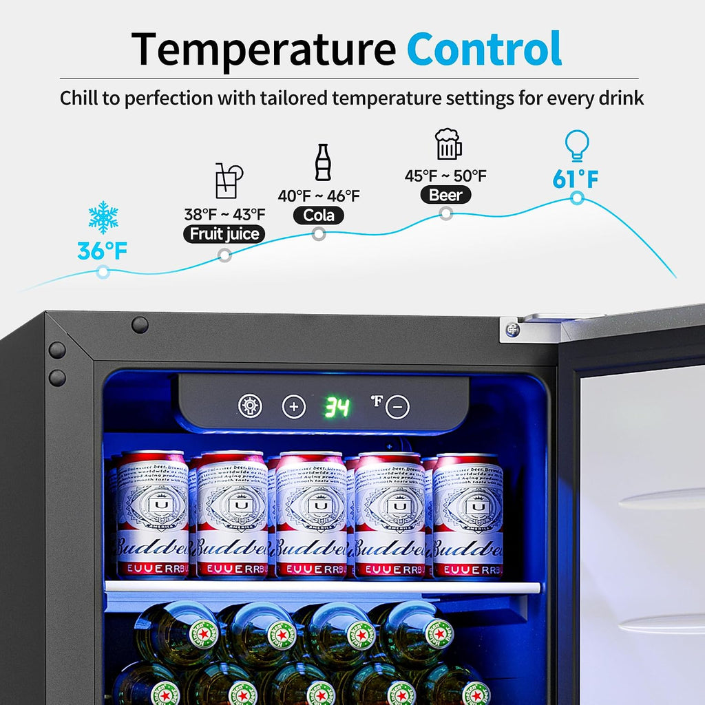 Feelfunn 15 Inch Undercounter Beverage Refrigerator - 126 Cans Beverage Fridge with Stainless Steel Door for Beer Wine Soda - Built-in or Freestanding Wine Cooler for Home Kitchen Bar
