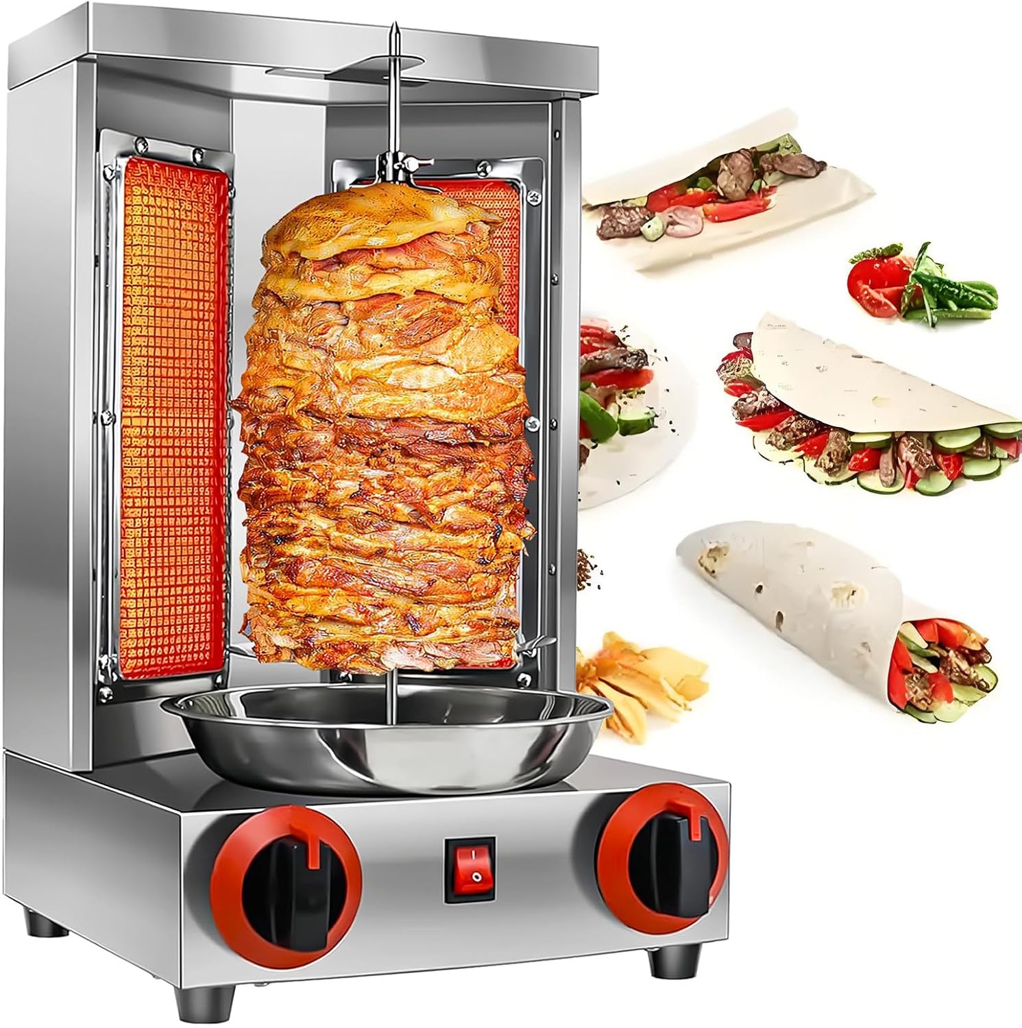 Shawarma Grill Machine LP Gas Gyro Grill Oven Vertical Broiler Rotating Doner Kebab Machine Countertop Rotisserie with 2 Burners for Home Kitchen Adjustable Tempereture Max.300℃,110V
