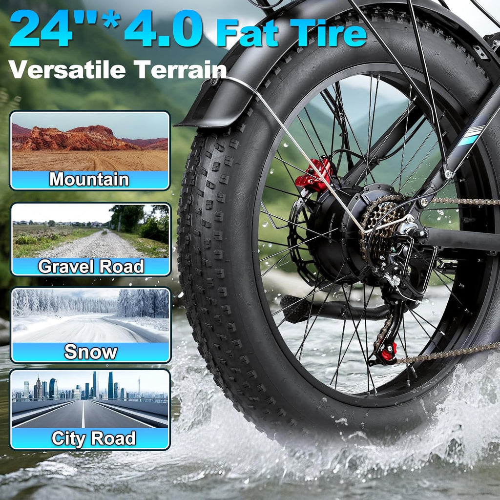 9000W Peak Electric Bike for Adults,58V Max-Output 1972Wh Dual Motor Ebike,47MPH 105Miles Range,24' x4.0 Fat Tire Hydraulic Disc Brake Full Suspension E-Bike for Mountain Snow Commuter