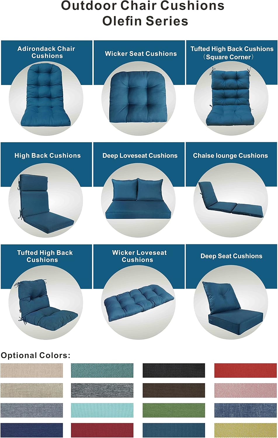 Indoor Outdoor High Back Rocking Chair Cushions Replacement Patio Seat Cushion Fade Resistance, Set of 4 (Olefin Teal Blue)
