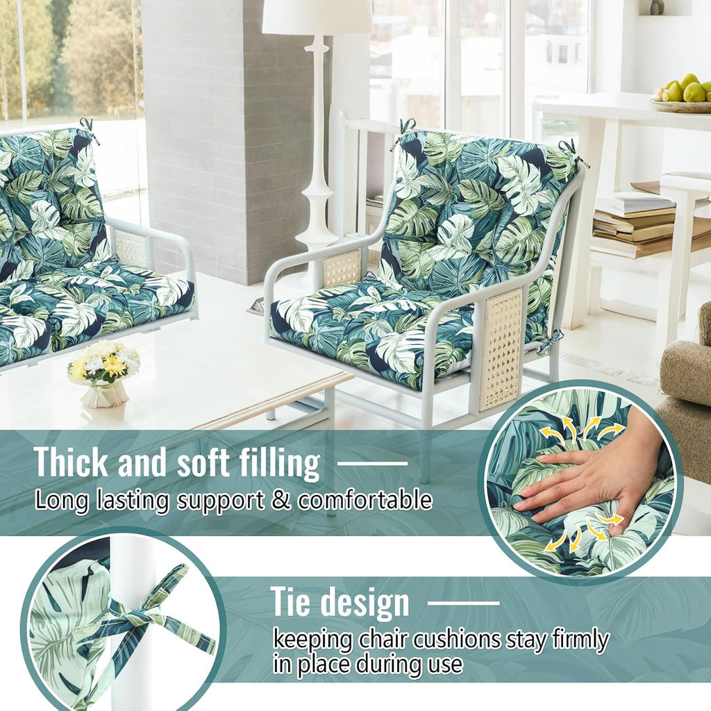 Marsui 4 Pcs Outdoor Indoor High Back Chair Cushions Patio Furniture Tufted Pillow with Ties Water-Resistant Replacement Outdoor Rocking Chair Cushions, 42 x 21 Inches (Green,Leaves)
