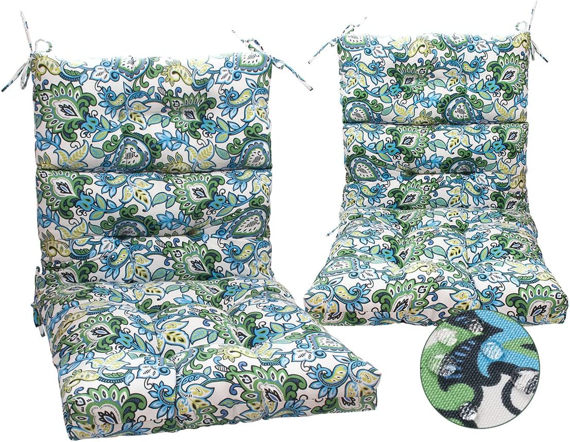 Magpie Fabrics Indoor Outdoor Tufted High Back Chair Cushion Set of 2, Waterproof All-Weather Deep Seating Rocking Chair Patio Garden Chaise Lounge Sun Lounger Chair Cushions(Botanical Blue Green)