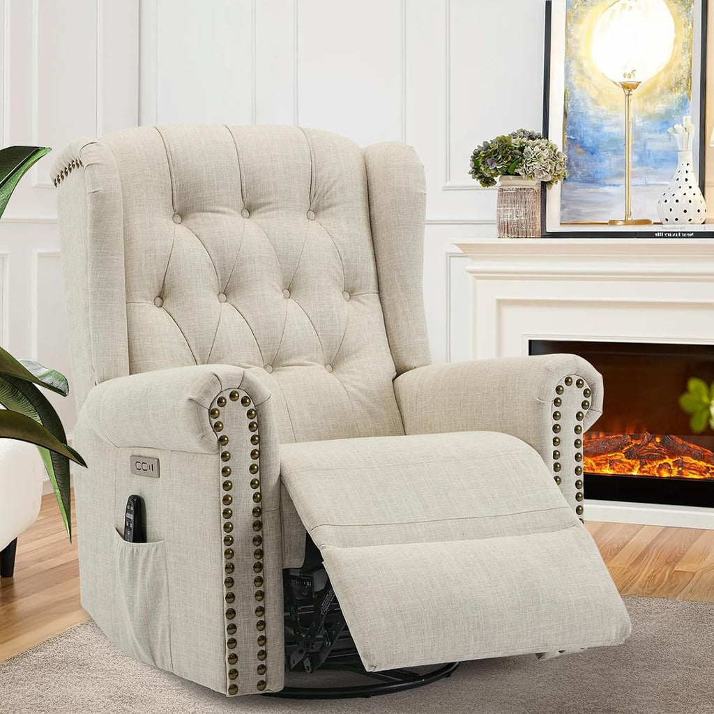 VIVIJASON Power Swivel Rocking Recliner Chair with Massage & Heat, Electric Rocker Nursery Glider Chair, Wingback Tufted Upholstered Recliner W/Type-C & USB Ports for Living Room, Bedroom, Beige