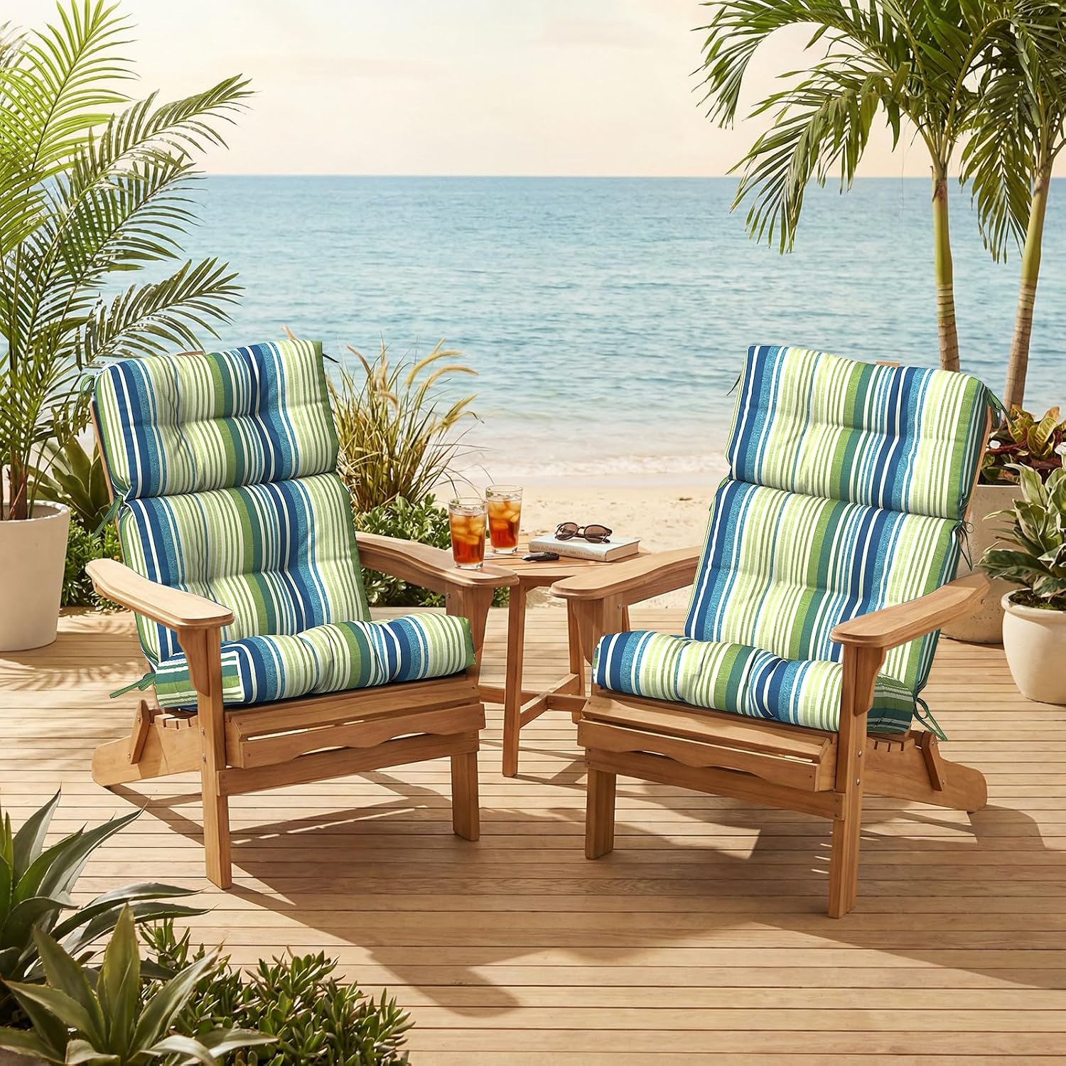 Outdoor High Back Patio Chair Cushions, Tufted Rocking Chairs Cushions, Adirondack Cushions for Garden Porch Home Office Chair Use, 44' x 22' x 4', 2 Pack,Stripe Blue Green