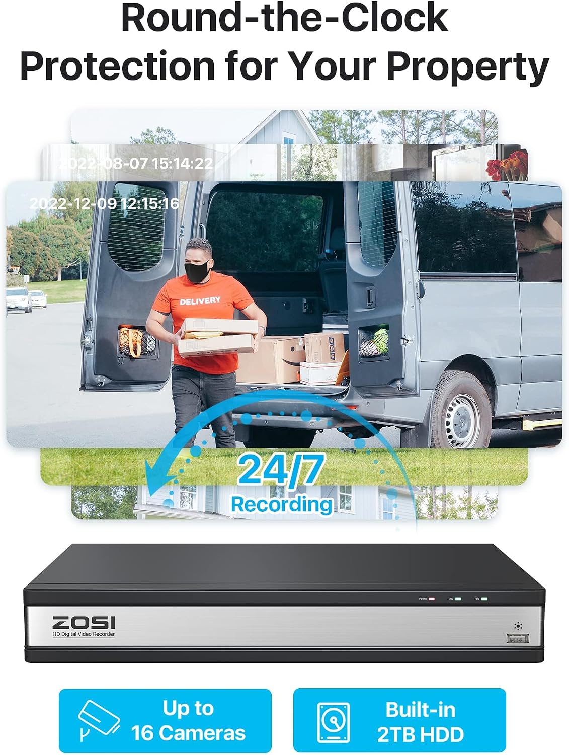 ZOSI H.265+ 16 Channel Security Camera System 1080p, Hybrid DVR Recorder with AI Human Vehicle Detect, 12 x 2MP CCTV Bullet Camera Outdoor Indoor, Night Vision, 90°Wide Angle, Remote Access, 2TB HDD