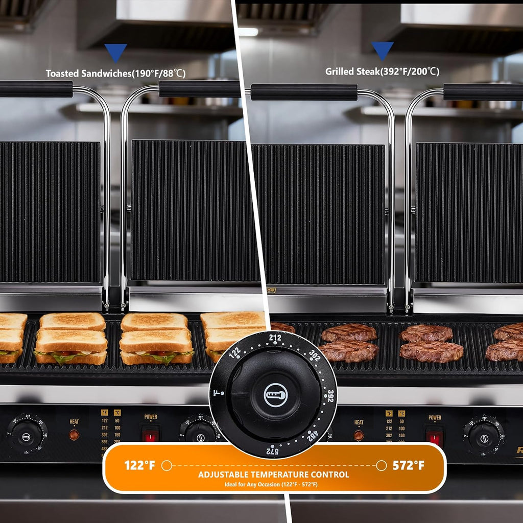 ROVSUN 813 Commercial Panini Press Grill, 3600W Stainless Steel Electric Countertop Sandwich Maker with Adjustable Temp 122°F–572°F, For Steak, Burgers, Home & Restaurant Use, 110V, Silver