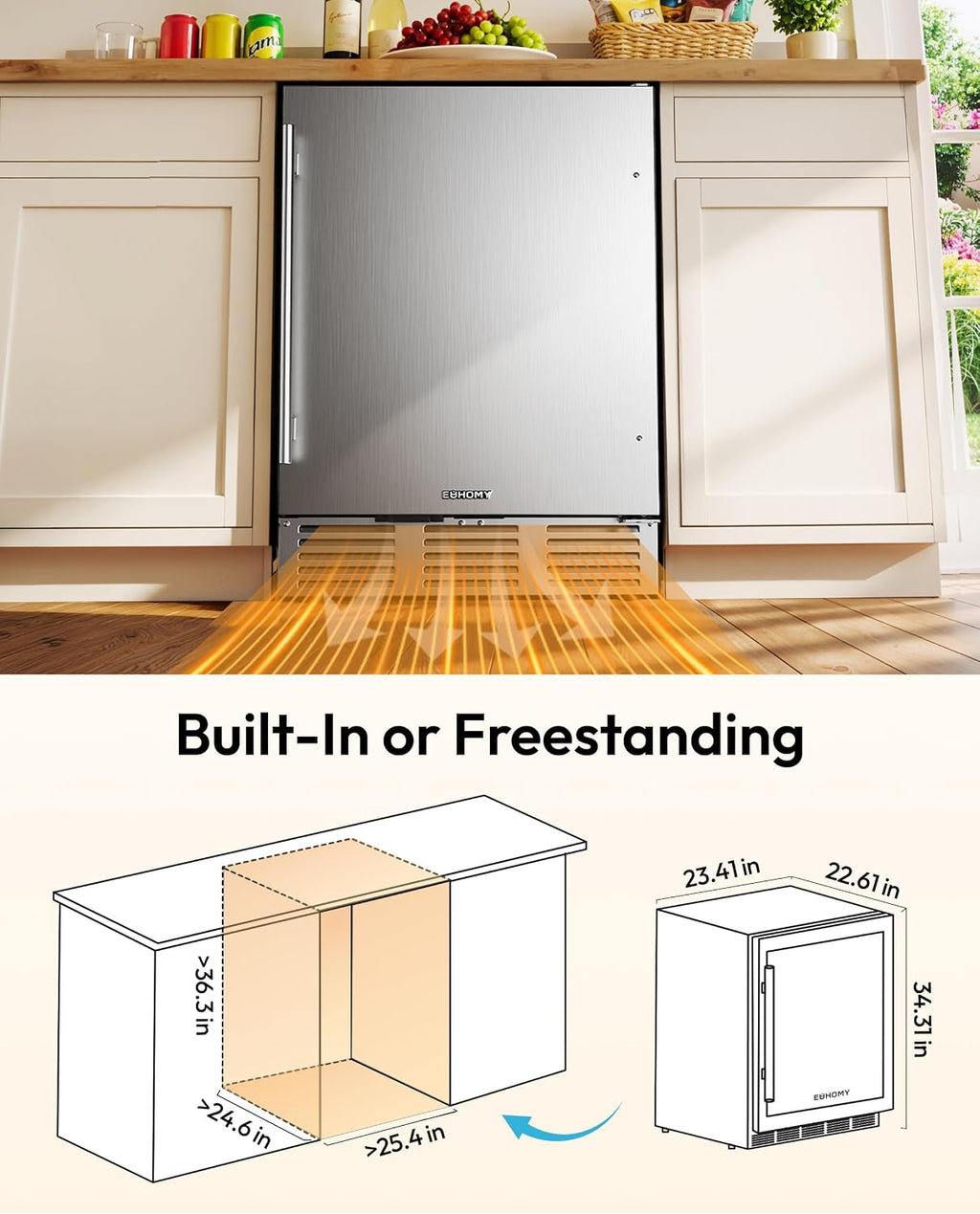 EUHOMY 24 Inch Beverage Refrigerator, Undercounter Beverage Fridge 180 Can with Stainless Steel Door for Home Patio, Beverage Cooler Built-in or Freestanding, outdoor refrigerator for Soda Beer Wine