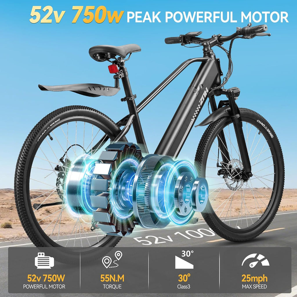 ZNH Electric Bike, 750W Peak Electric Mountain Ebike for Adults with 48V 13Ah Removable Battery, 20MPH 26'' Electric Bike - Suspension Fork, LED Display, Fat Tire Commuter Ebike, Black