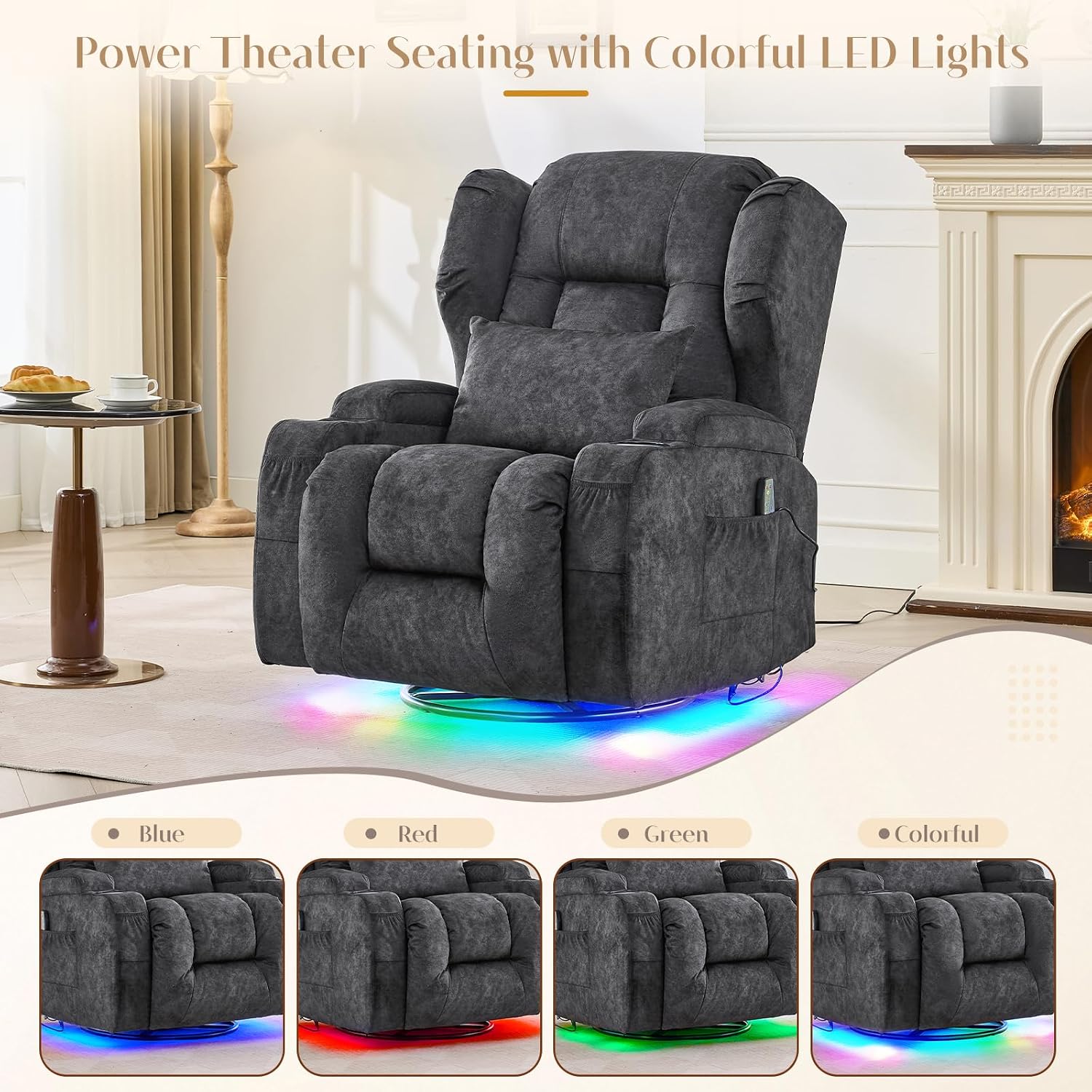 Power Swivel Rocker Recliner Chair with Massage & Heat, Dual Motor Electric Glider Rocking Recliner with USB Ports, Cup Holders & LED Light for Living Room, Home Theater (Grey)