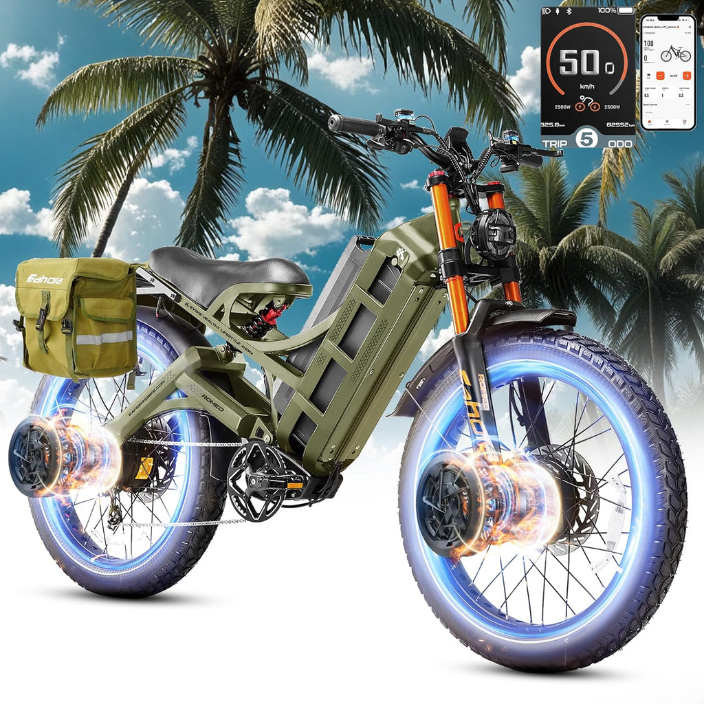 eAhora Romeo Pro 3 60V 80Ah 240+Miles Long Range E-Bike, 26 * 4.0' Fat Tire Air Full Suspension Electric Mountain Bike 50mph 5600W Dual Motor Electric Bike for Adults-Green+Rack+Bag