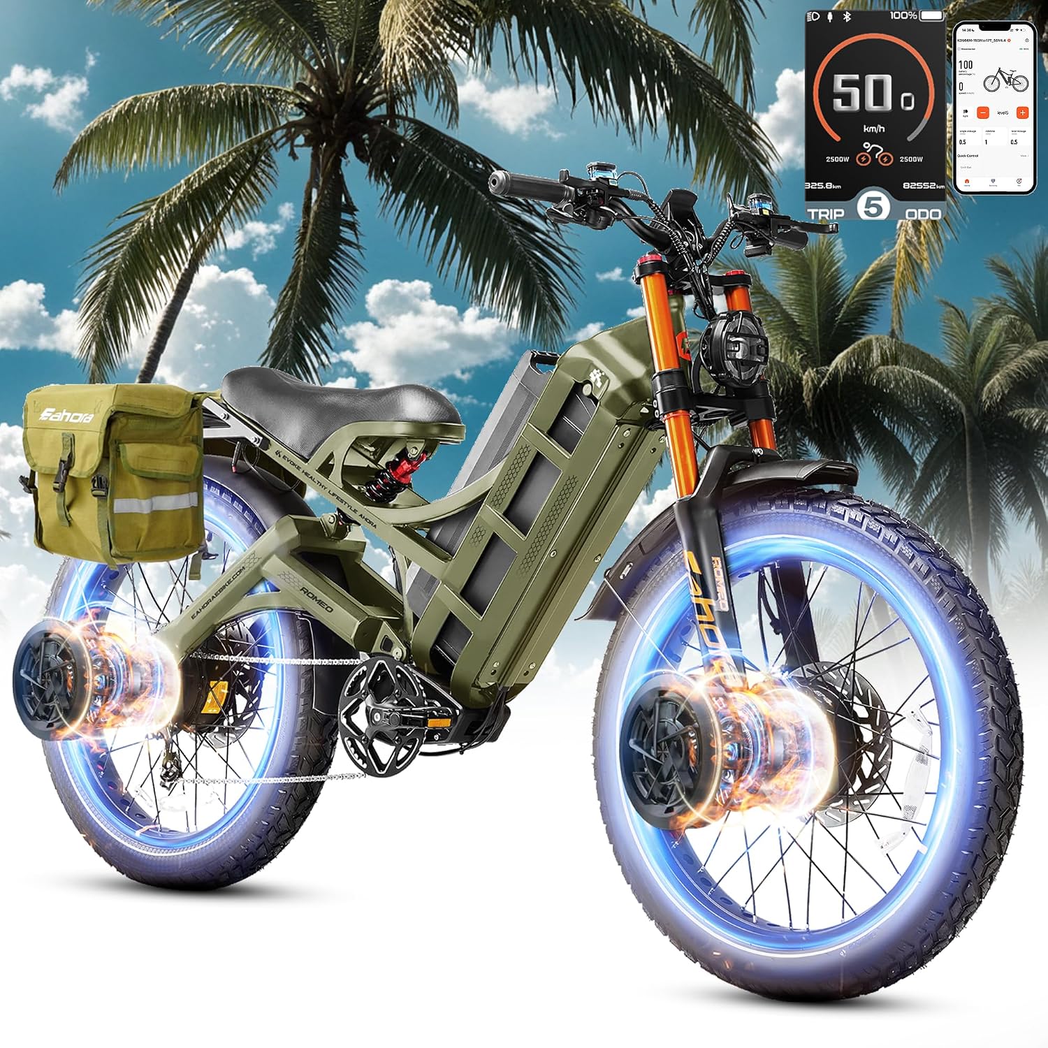 eAhora Romeo Pro 3 60V 80Ah 240+Miles Long Range E-Bike, 26 * 4.0' Fat Tire Air Full Suspension Electric Mountain Bike 50mph 5600W Dual Motor Electric Bike for Adults-Green+Rack+Bag