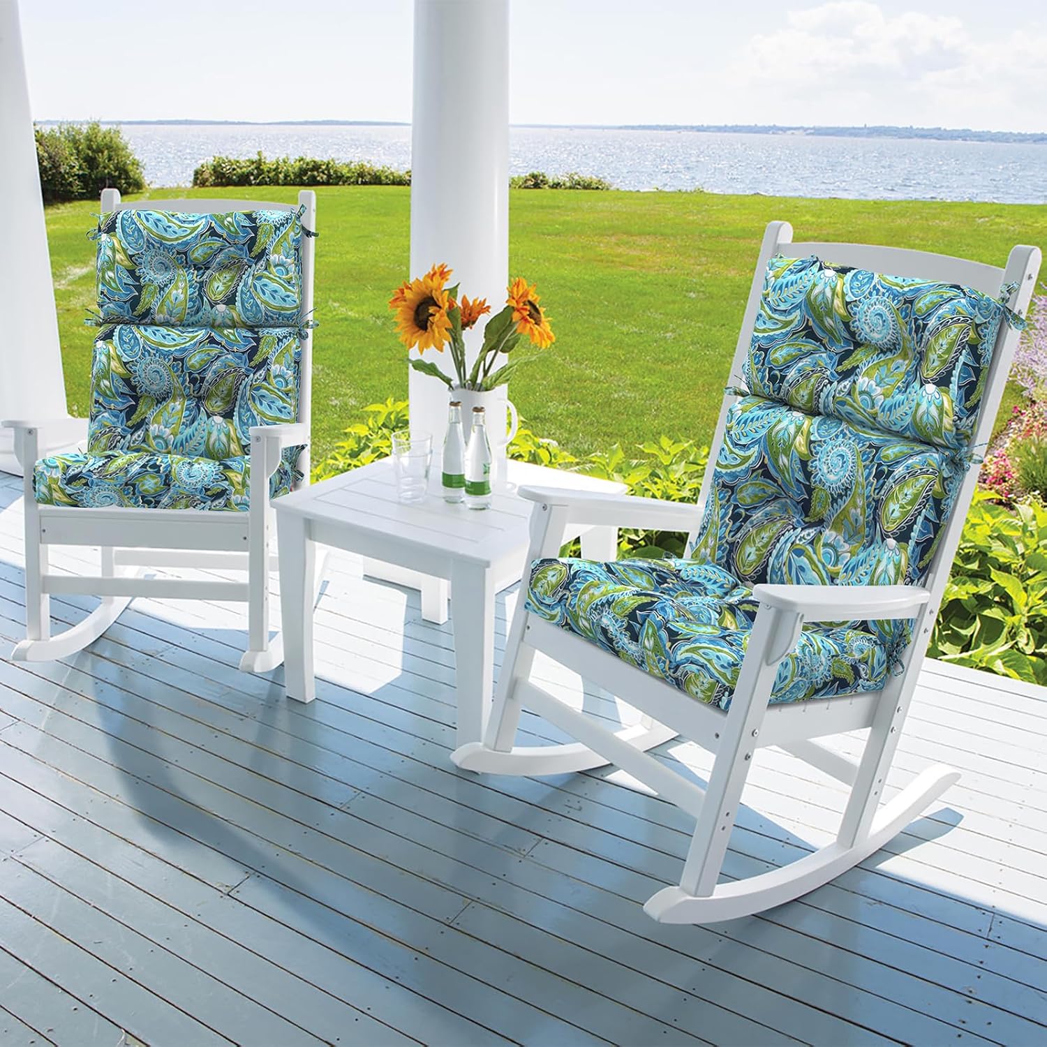 DYTXIII Outdoor High Back Chair Cushions Set of 2, Water Repellent Tufted Rocking Seat Cushions Replacement 44 x 22 Inch, Seat & Back Chair Pads for Patio and Indoor Use -Paisley Blue Green