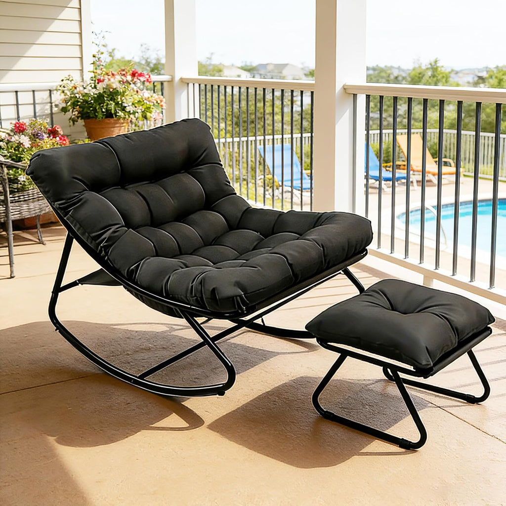 Oversized Papasan Rocker, Comfy Patio Rocking Chair, Outdoor Rocker Chair, Indoor Rocking Egg Chair with Cushion & Ottoman for Bedroom, Living Room, Front Porch (Black)