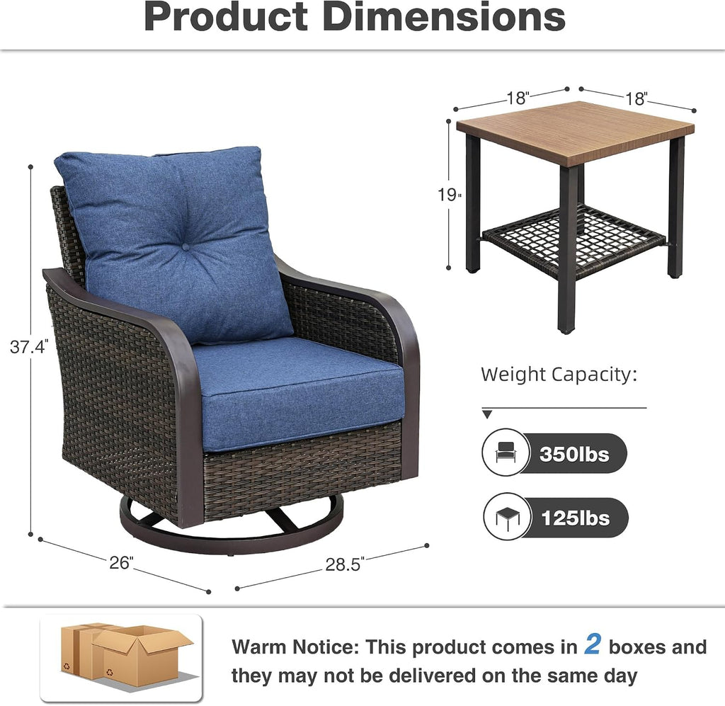 Outdoor Swivel Rocker Chairs, Wicker Swivel Rocking Chairs with 6'' Thick Cushions and Side Coffee Table, 3 Piece Patio Furniture Set for Balcony, Porch, Deck, Poolside, Navy Blue