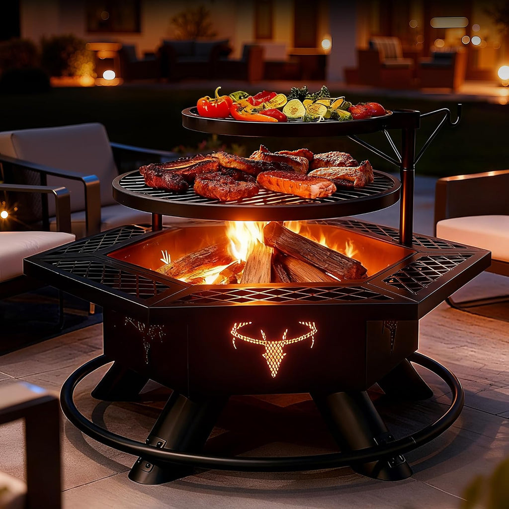 BALI OUTDOORS Fire Pit with BBQ, Outdoor Fire Pit for Wood Burning, Patio Firepits for Outside with Grill