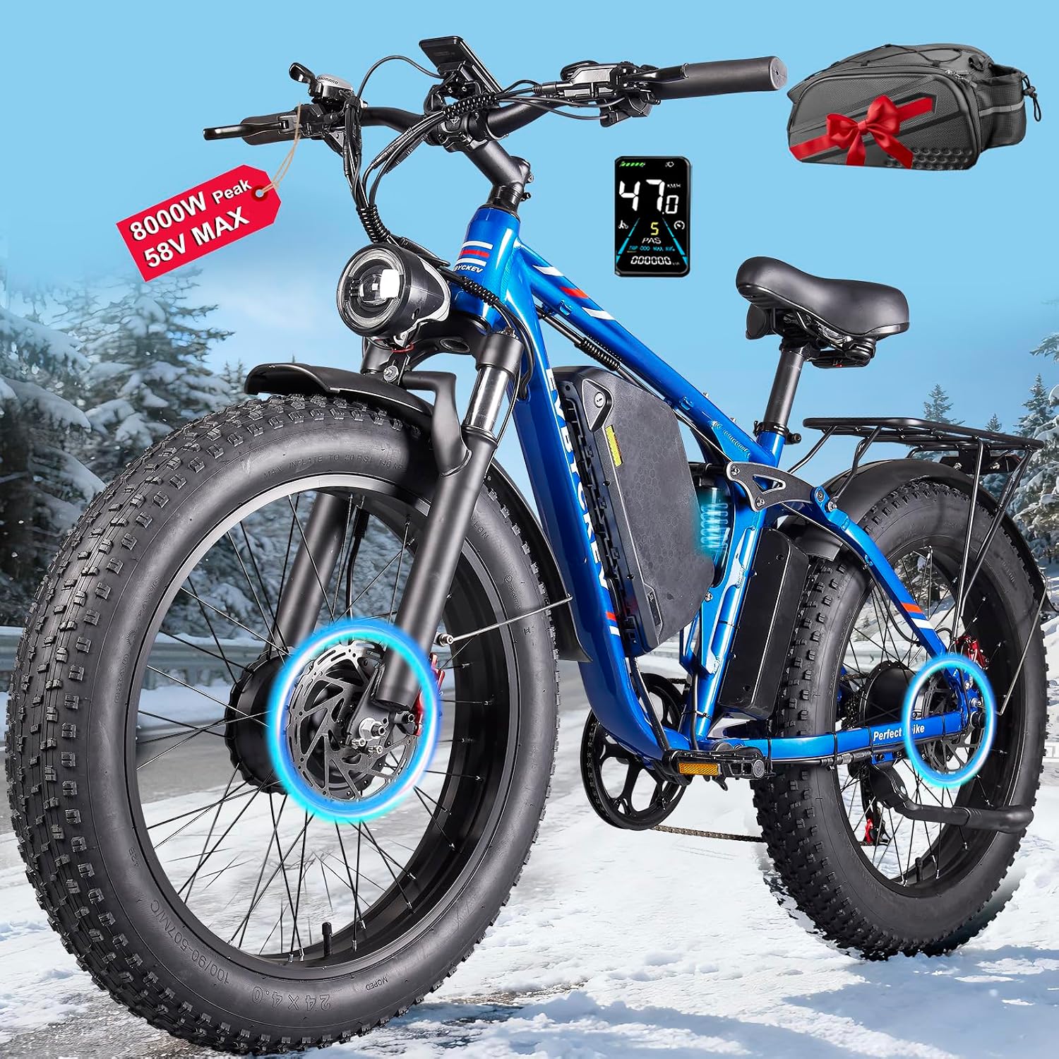 9000W Peak Dual Motor Ebike for Adults 47 MPH Fast Electric Bike, 58V Max 1972 Wh Up to 105 Miles Ebikes,24' Fat Tire E-Bike,Full Suspension Electric Bicycle for Mountain Commuter Snow