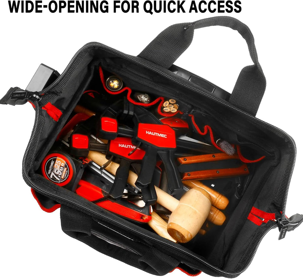 HAUTMEC 2-Piece Rolling Tool Bag Set, 15' Wheeled Tool Bag & Wide Mouth Tool Tote, Heavy-Duty Tool Storage Organizer with Durable Off-Road Wheel, Steel Telescoping Handle & Shoulder Strap – HT0288