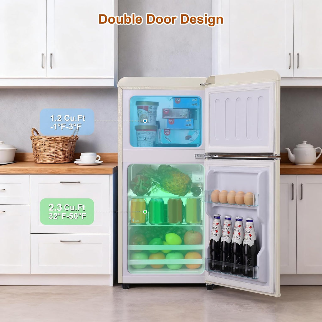 Retro Mini Fridge with Freezer 3.5 Cu. Ft, Small Refrigerator with 7 Level Adjustable Thermostat, Compact Classic Dual Door Fridge Removable Glass Shelves for Apartments, Dorm, Office, Cream