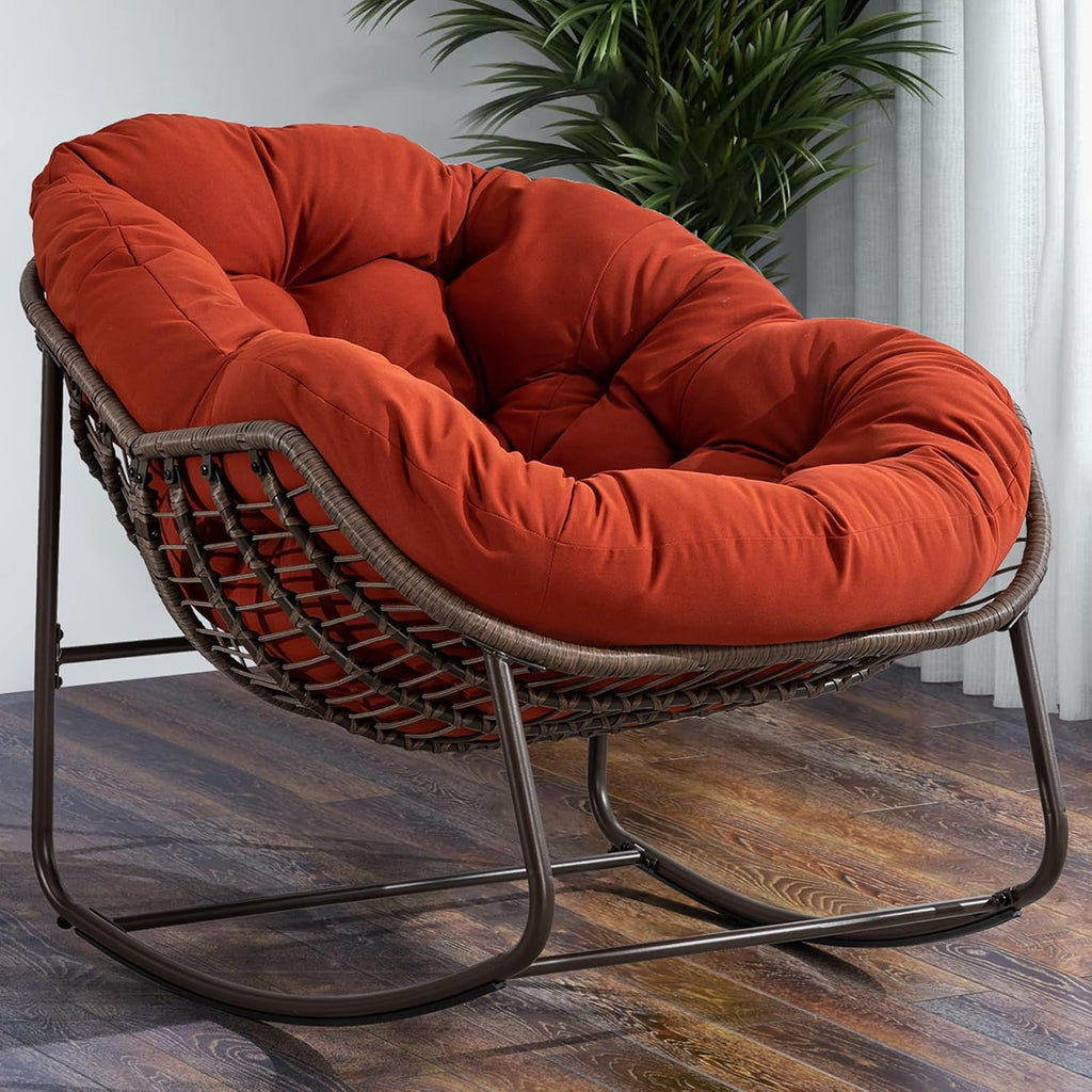 37' Papasan Rocking Chair with Cushion and Steel Frame, Oversized Outdoor Egg Rocking Chair, Rattan Circle Chairs for Grand Patio and Garden (Orange)