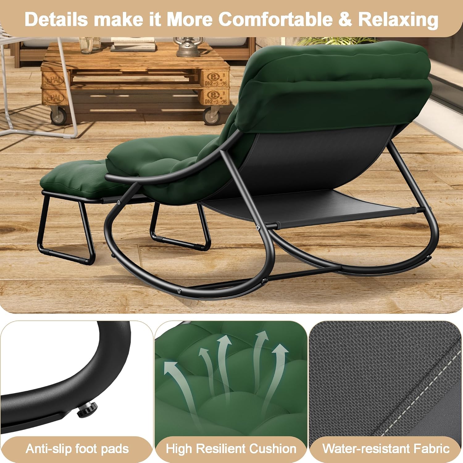 Outdoor Rocking Chair, Oversized Patio Papasan Rocking Chair with Cushion, Modern Comfy Lounge Rocker Chairs for Indoor Balcony Porch (Green)