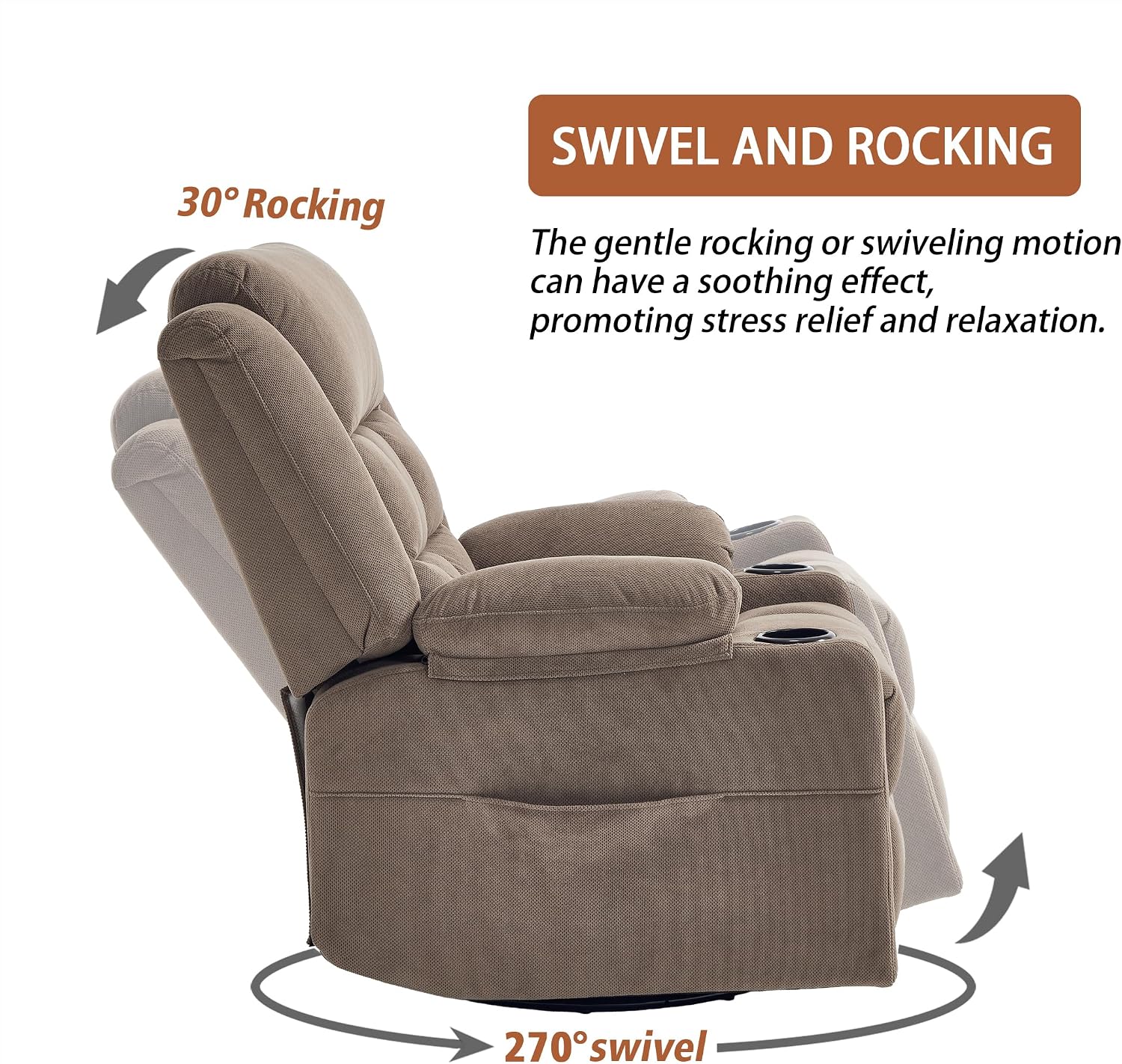Ketaiyou Swivel Rocker Recliner Chair for Adults with Massage and Heat, Cup Holders and Side Pockets, Glider Rocking Reclining Single Sofa Chair for Living Room (Coffee)
